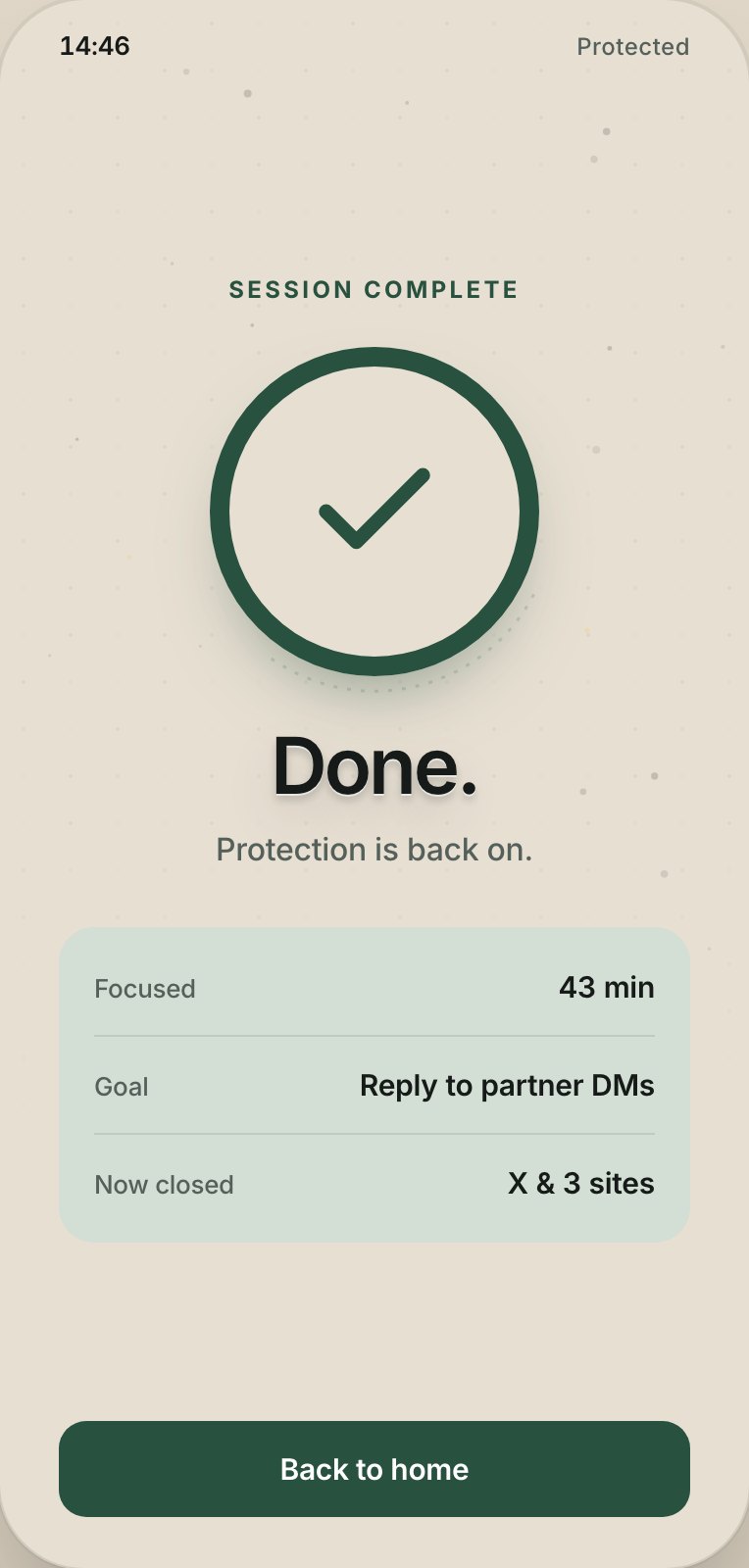Vyselock app: session complete, protection has returned automatically