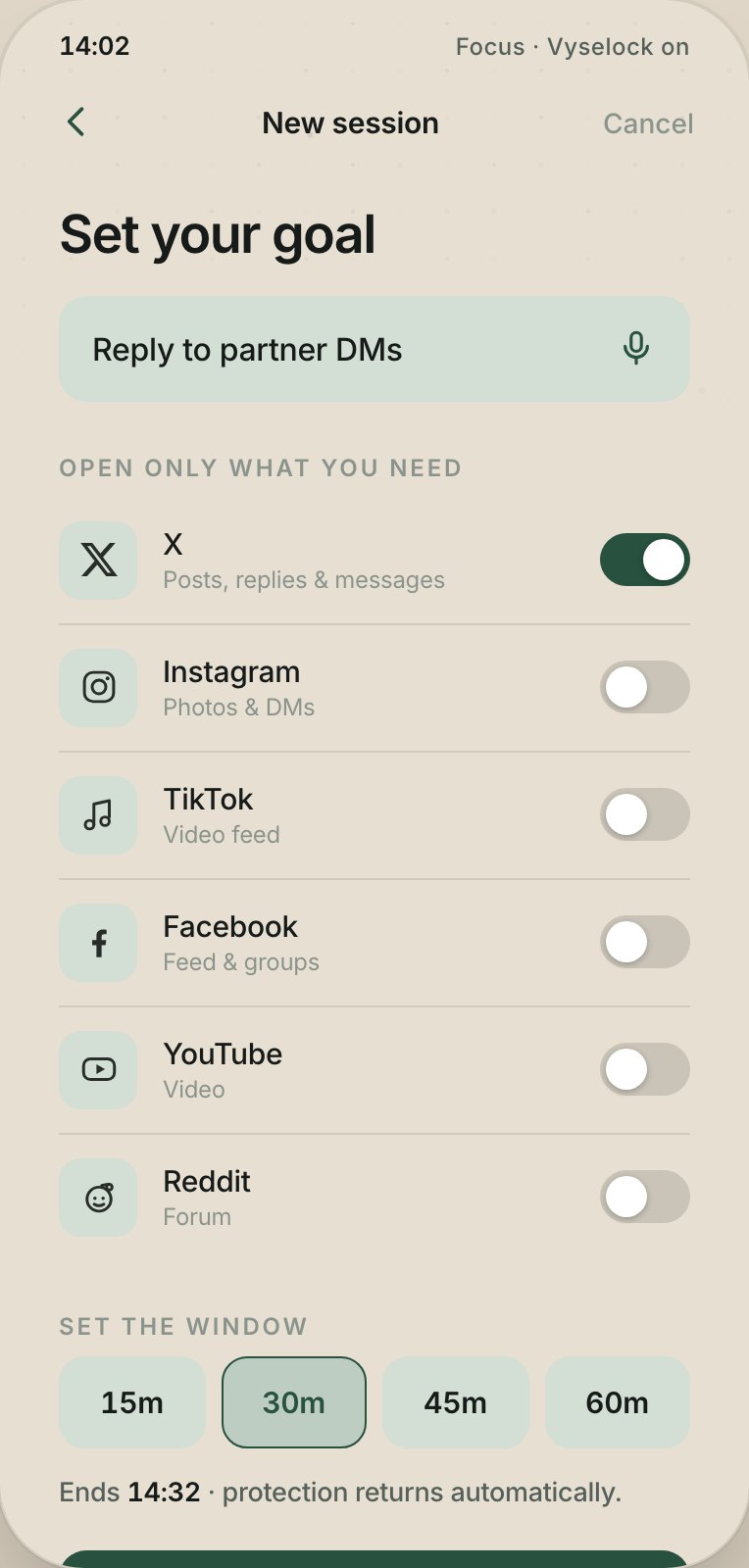 Vyselock app: set your goal and choose which platforms open for the session