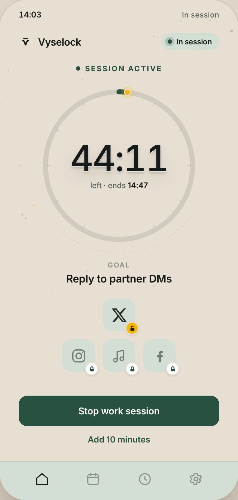 Vyselock app: an active focus session counting down its window